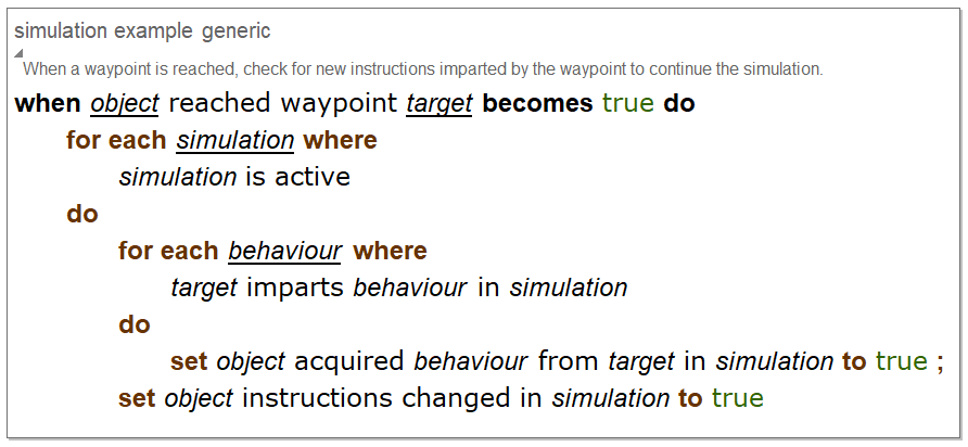 screen shot of business rule setting the behavior of a simulated object when it reaches a waypoint